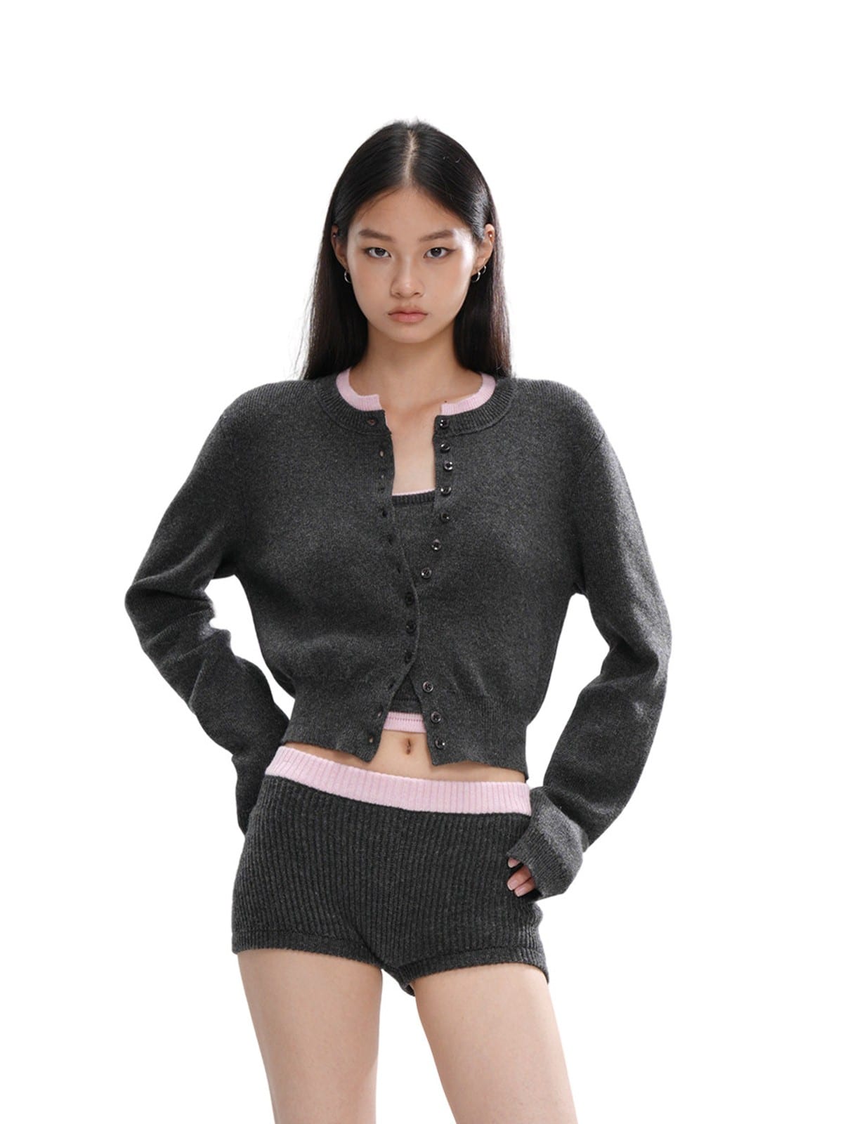 SweetChilling Colorblock Ribbed Knit Shorts in Gray - On Female Model