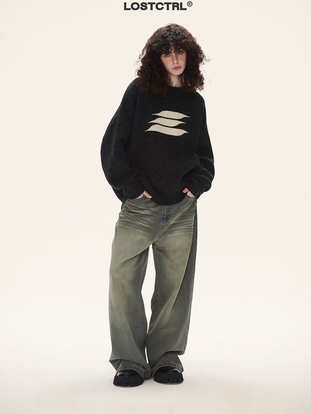 LOSTCTRL Cotton Blend Logo Knit Sweater in Black - On Female Model
