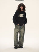 LOSTCTRL Cotton Blend Logo Knit Sweater in Black - On Female Model