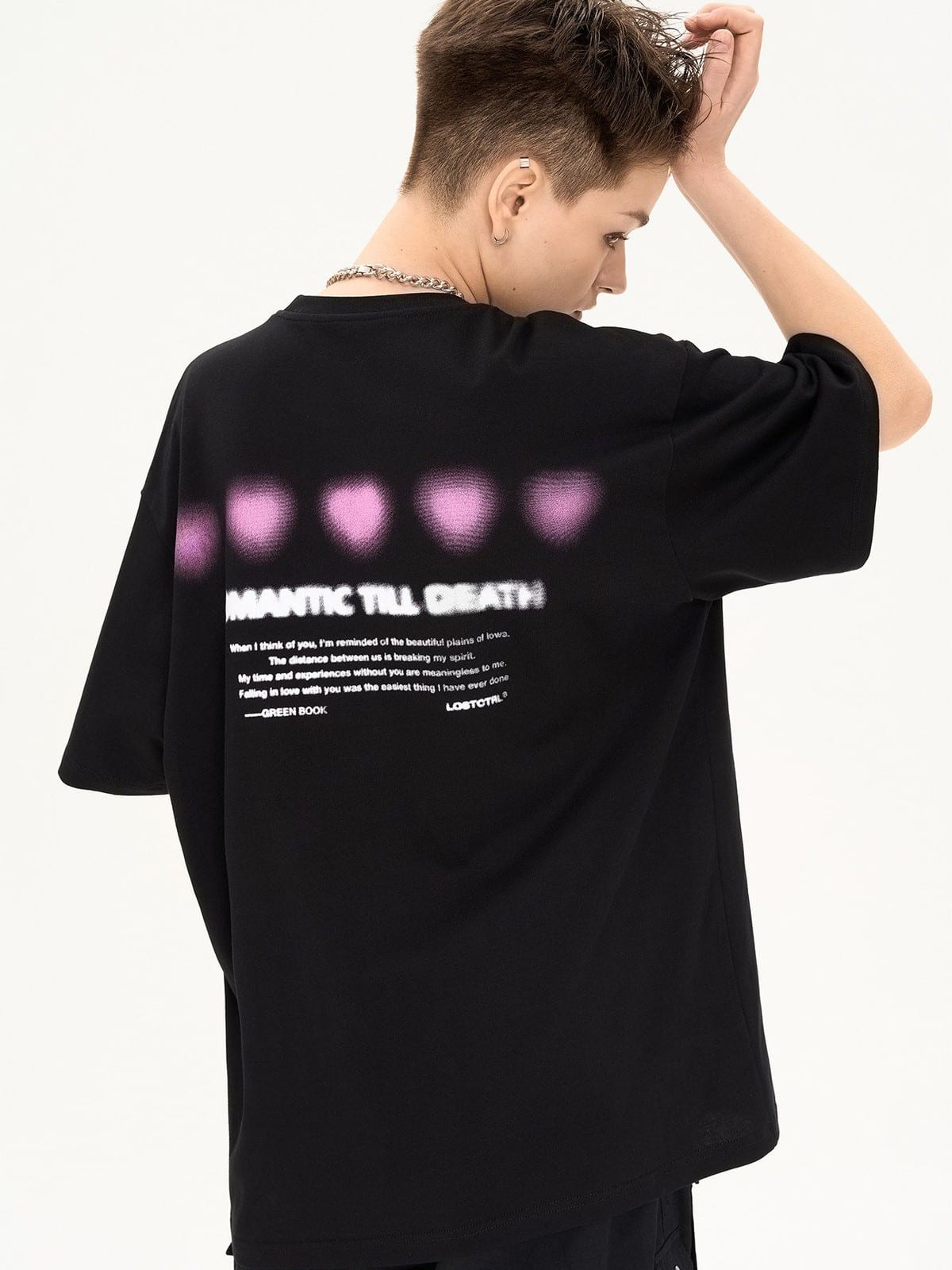 LOSTCTRL Blurred Heart Graphic Cotton T Shirt in Black - On Model
