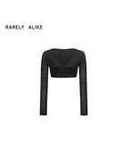RARELY ALIKE Silk Wool Cropped V Neck Cardigan in Black