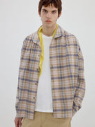 SIMPLE PROJECT Shawl Collar Crinkled Plaid Shirt in Khaki - On Male Model