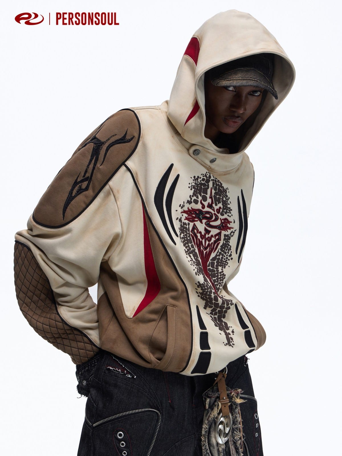 PERSONSOUL Colorblock Embroidered Racing Hoodie in Brown - On Female Model