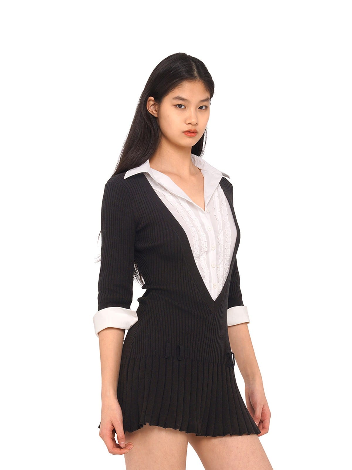 SweetChilling Layered V Neck Pleated Mini Dress in Black - On Female Model