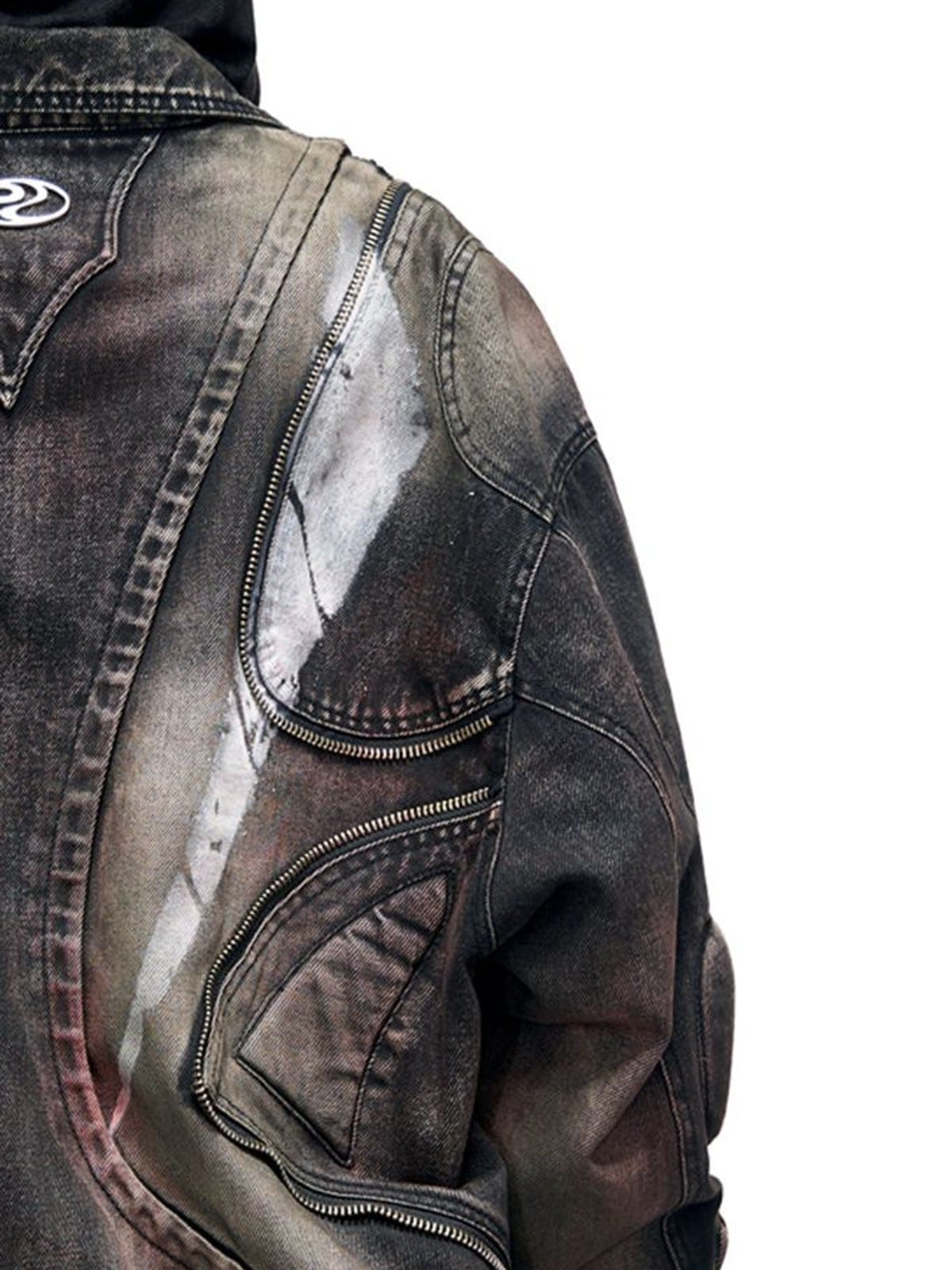 PERSONSOUL Gradient Paneled Denim Moto Jacket in Gray - On Model