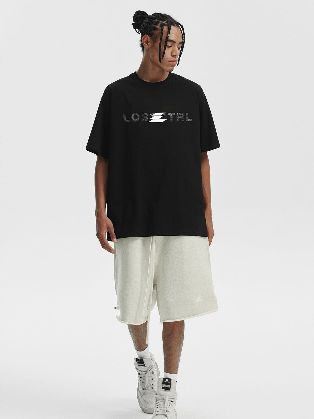 LOSTCTRL Distressed Logo Print Cotton T Shirt in Black - On Male Model
