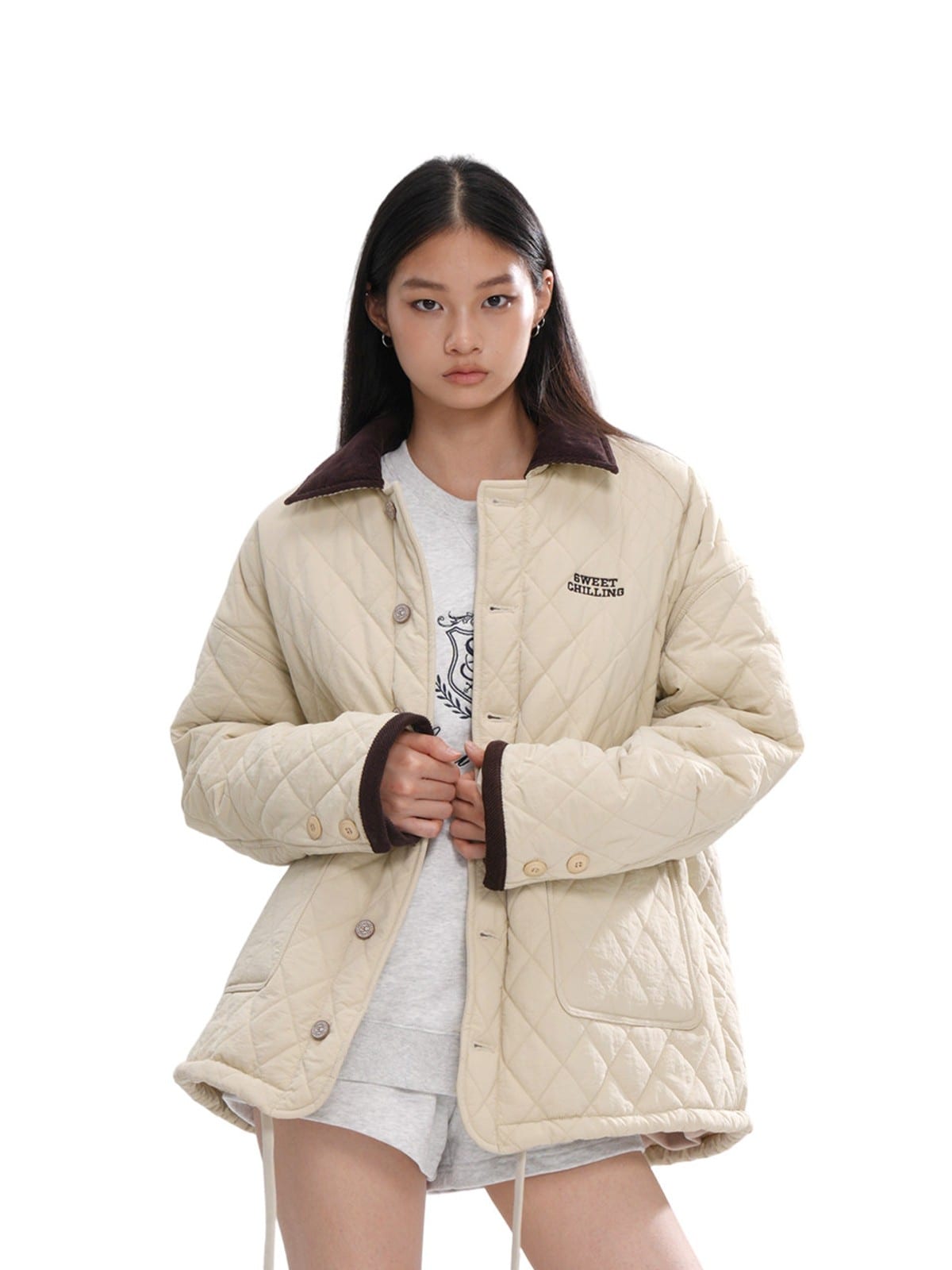 SweetChilling Quilted Contrast Collar Jacket in White - On Female Model