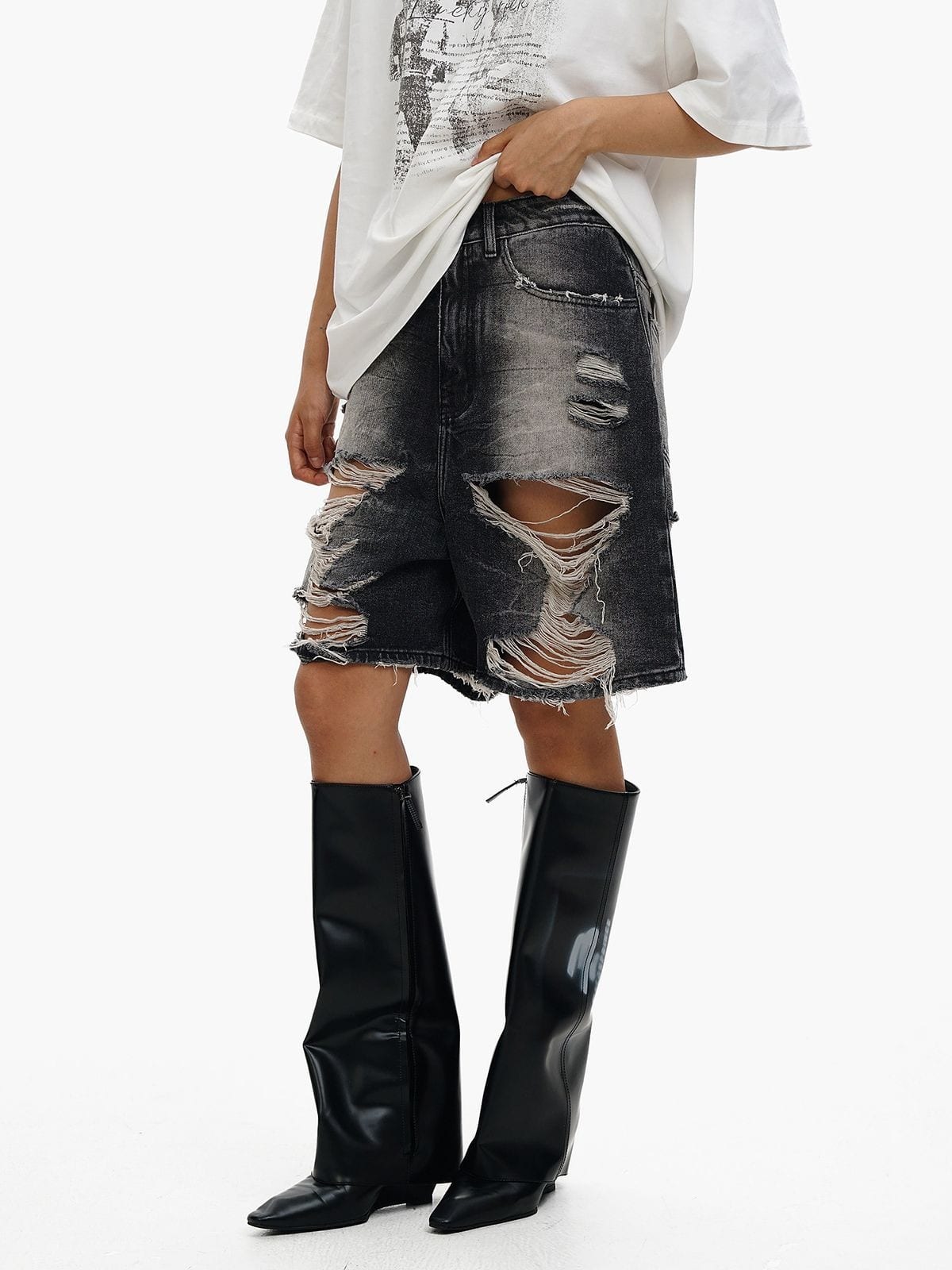 MASONPRINCE Washed Distressed Denim Shorts in Gray - On Female Model