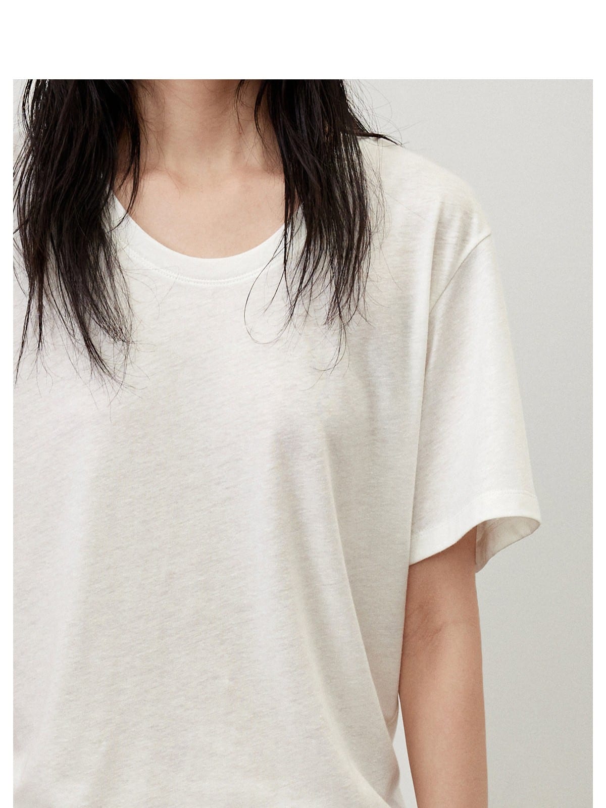 Random Piece Linen Blend U Neck T Shirt in Brown - On Female Model