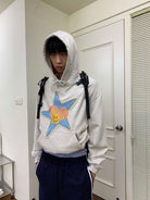 NeverSeez Star Patchwork Raw Edge Hoodie in Off-White - On Male Model