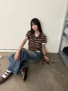 NeverSeez Striped Drawstring Cropped Polo in Brown - On Female Model