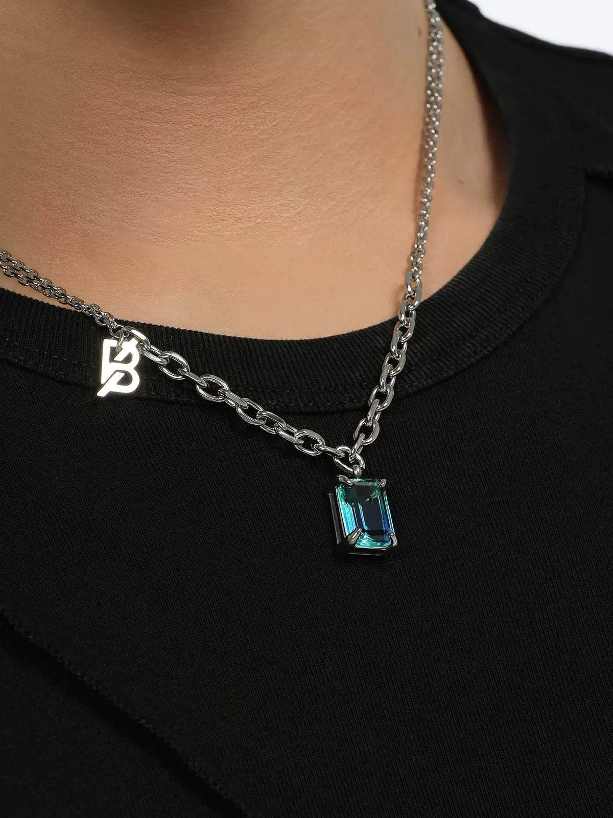 BLACKHEAD Gradient Tourmaline Pendant Necklace in Silver - On Male Model