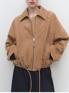 MSBEAST Cropped Leather Drawstring Jacket in Beige - On Female Model