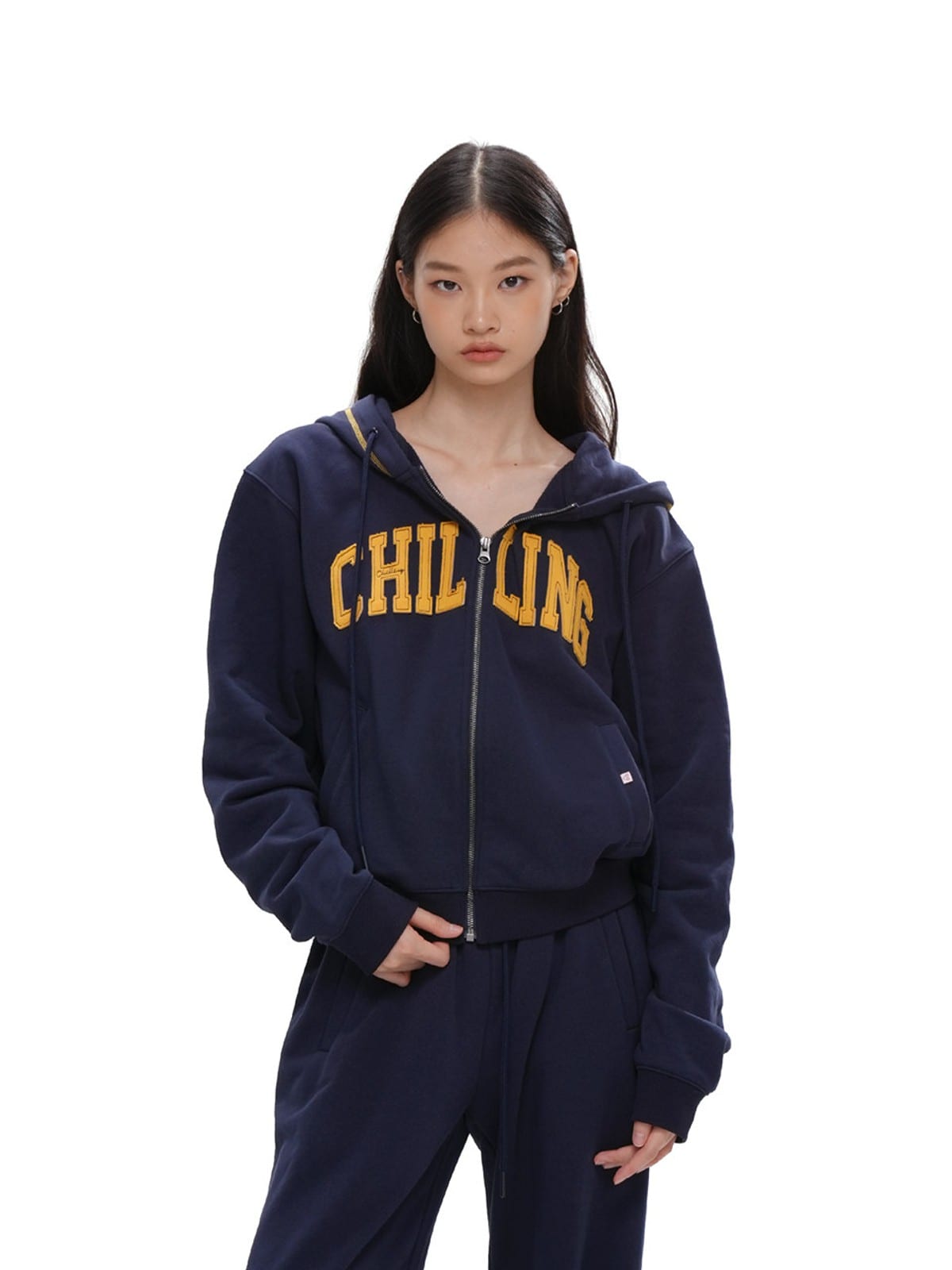 SweetChilling Applique Logo Zip Up Hoodie in Navy Blue - On Female Model