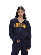 SweetChilling Applique Logo Zip Up Hoodie in Navy Blue - On Female Model
