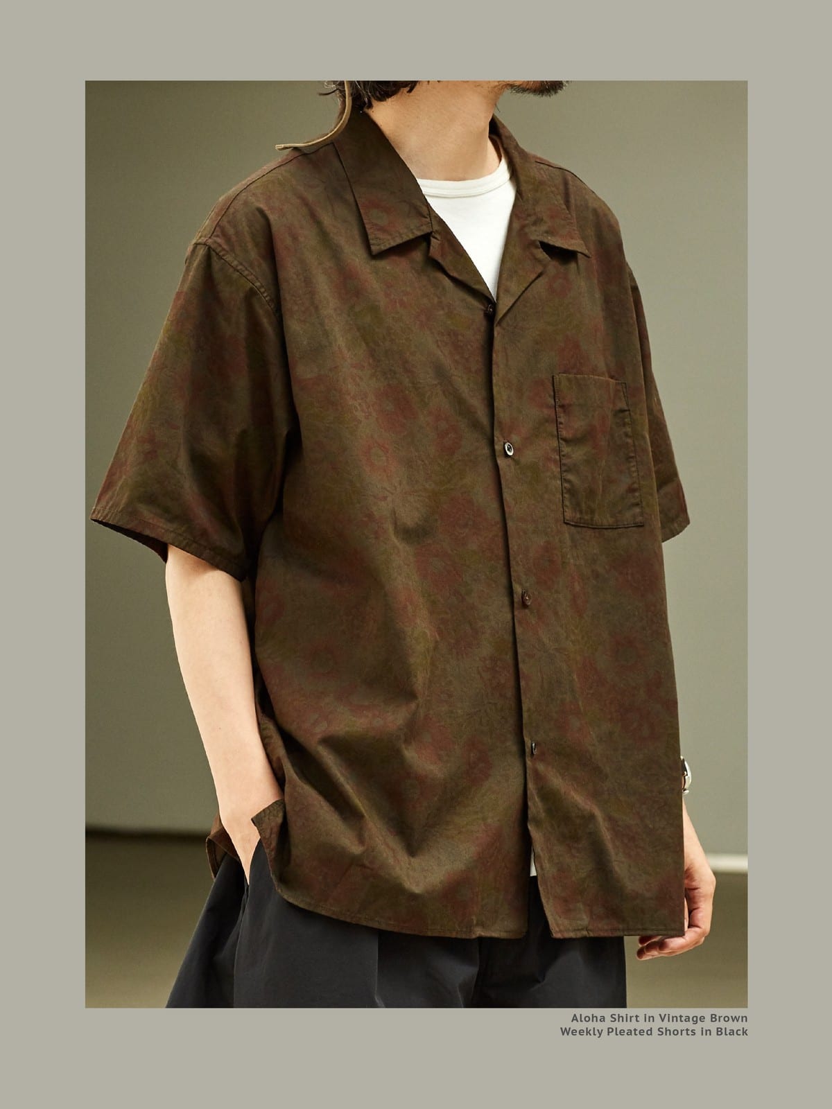 USAGE Floral Japanese Cotton Aloha Shirt in Brown - On Male Model
