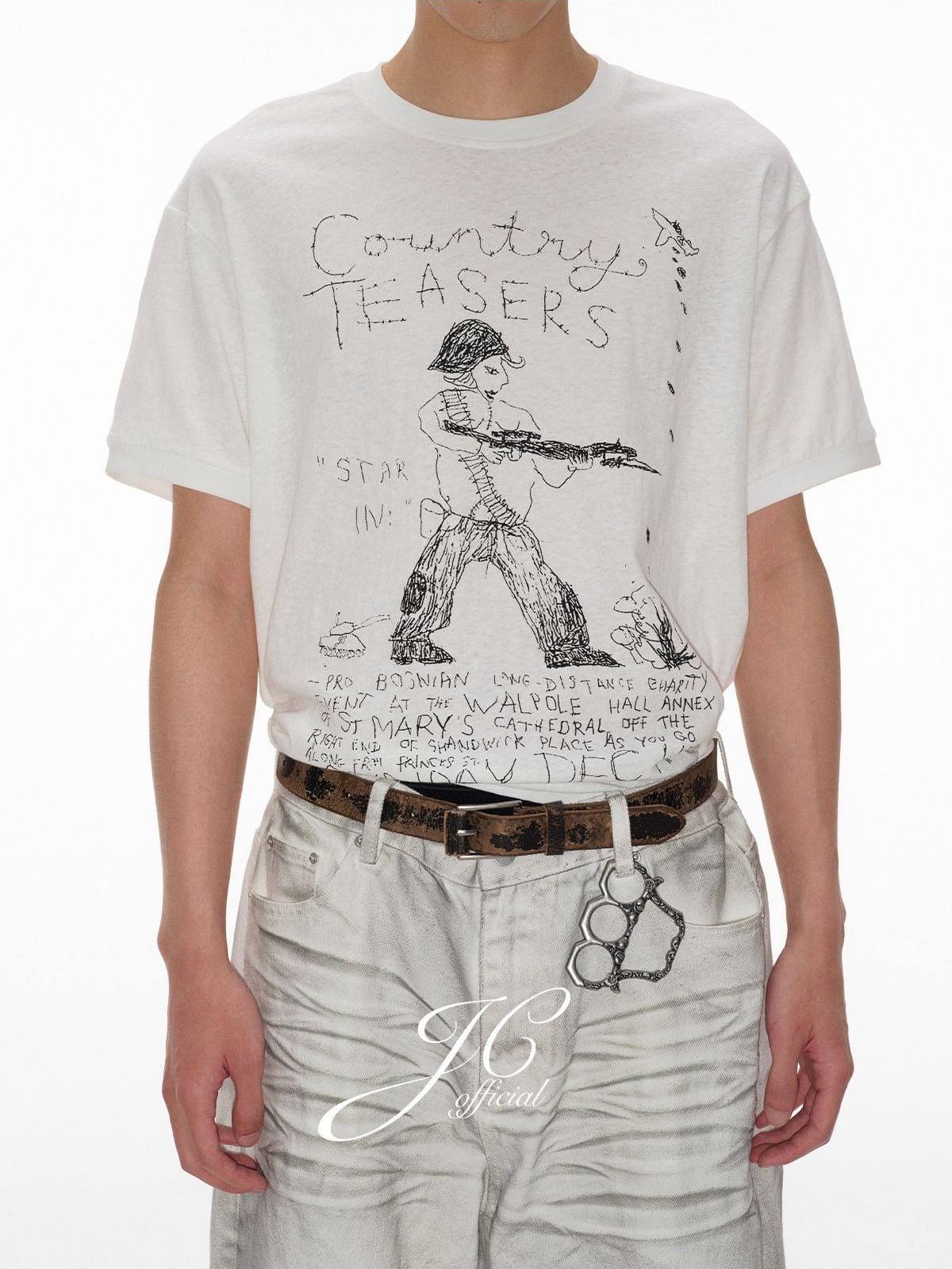 JCAESAR STUDIO Graphic Cotton Linen T Shirt in White - On Male Model