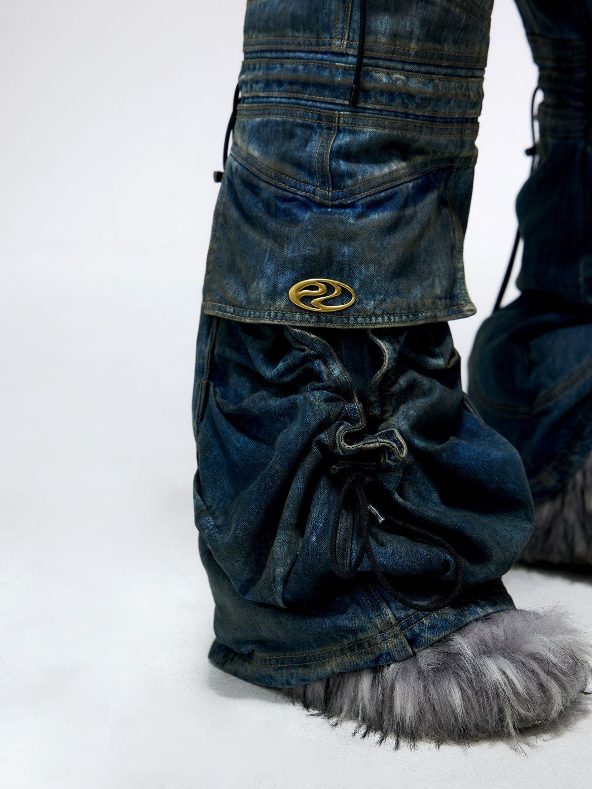 PERSONSOUL Dirty Wash Drawstring Flare Jeans in Denim - On Model
