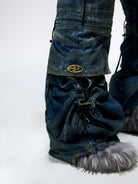 PERSONSOUL Dirty Wash Drawstring Flare Jeans in Denim - On Model