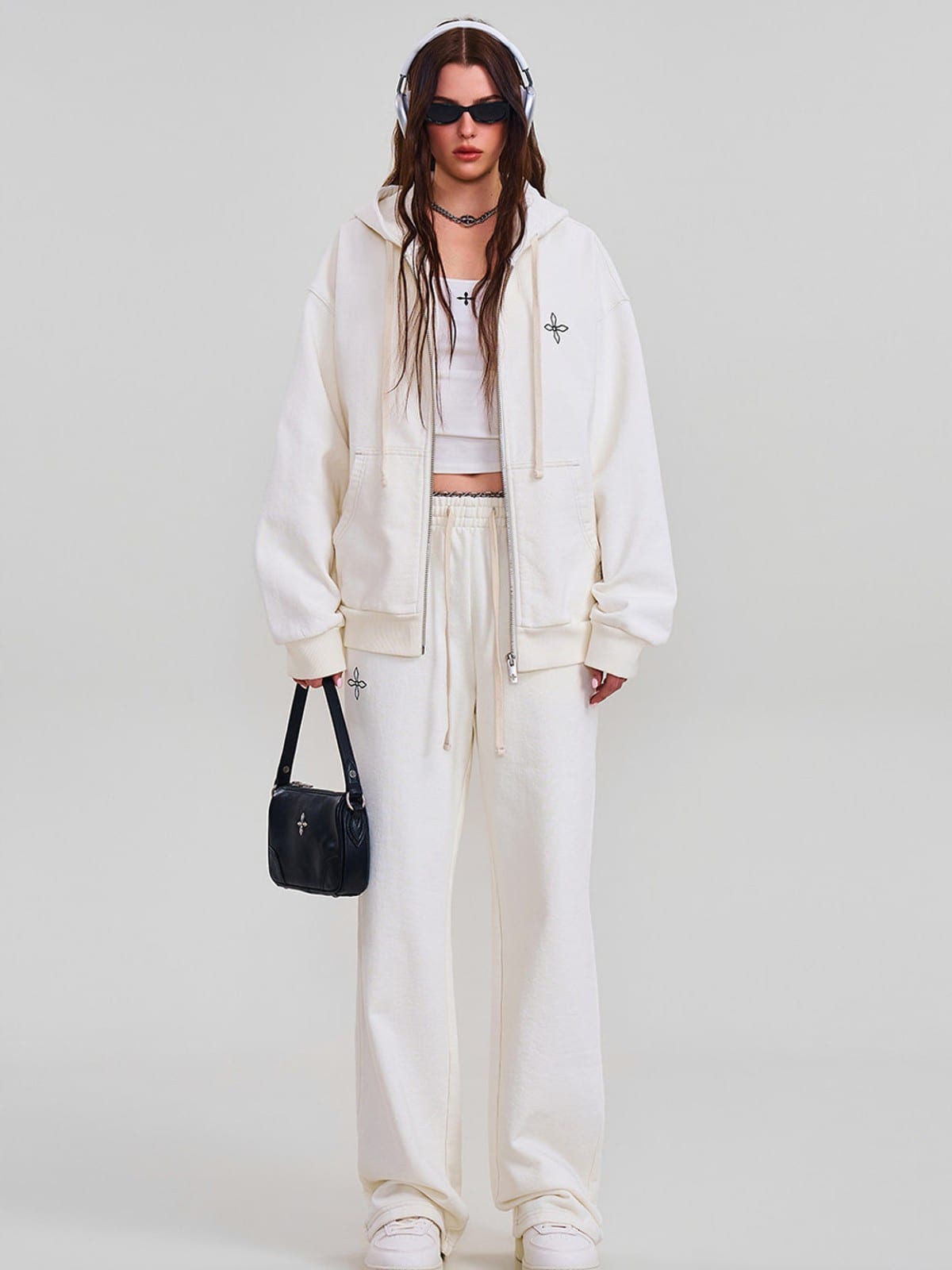 SMFK Embroidered Cotton Zip Up Hoodie in White - On Female Model