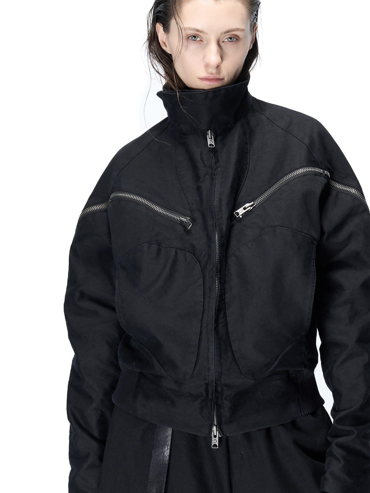D5ove Multi Zipper Cotton Stand Collar Jacket in Black - On Female Model