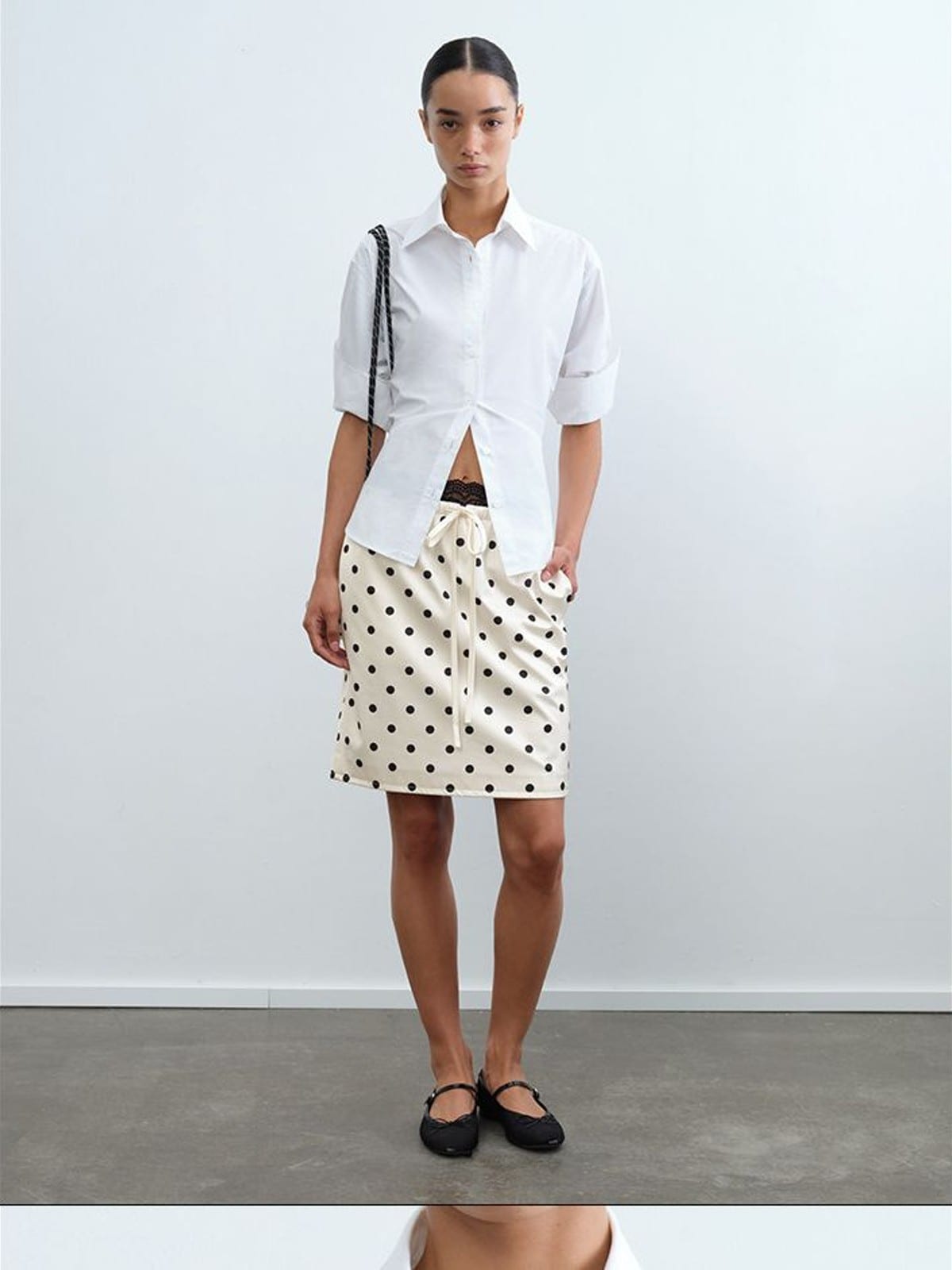 RARELY ALIKE Two Way Tie Waist Cotton Shirt in White - On Female Model