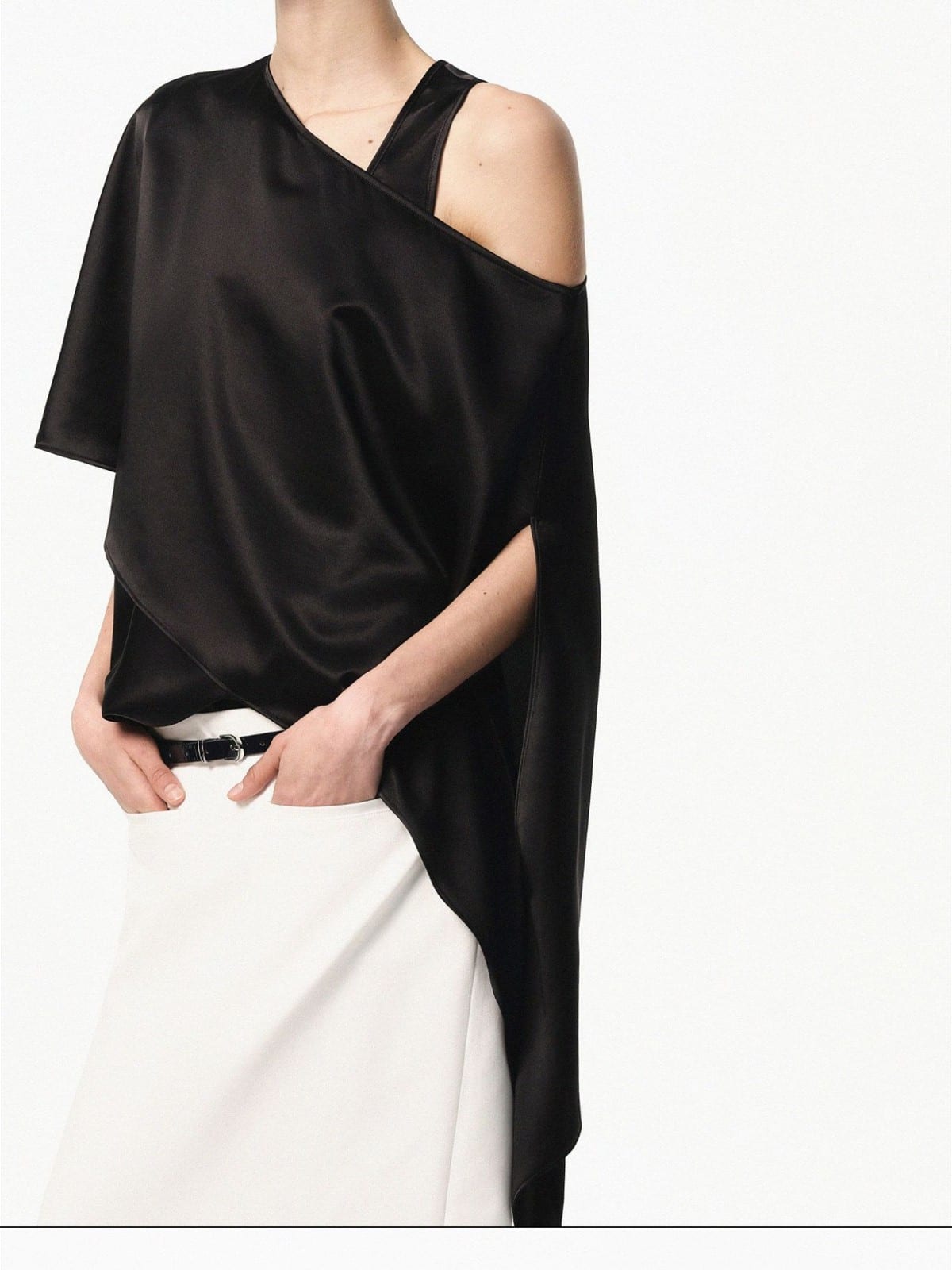 RARELY ALIKE Asymmetrical Satin One Shoulder Blouse in Black - On Female Model