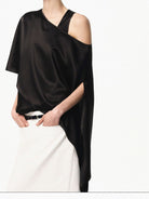 RARELY ALIKE Asymmetrical Satin One Shoulder Blouse in Black - On Female Model