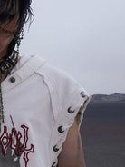 PERSONSOUL Graphic Print Sleeveless Hoodie in White - On Male Model