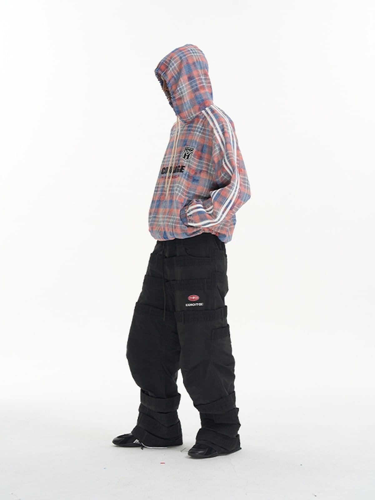 BLINDNOPLAN Paneled Plaid Pullover Hoodie in Blue - On Model