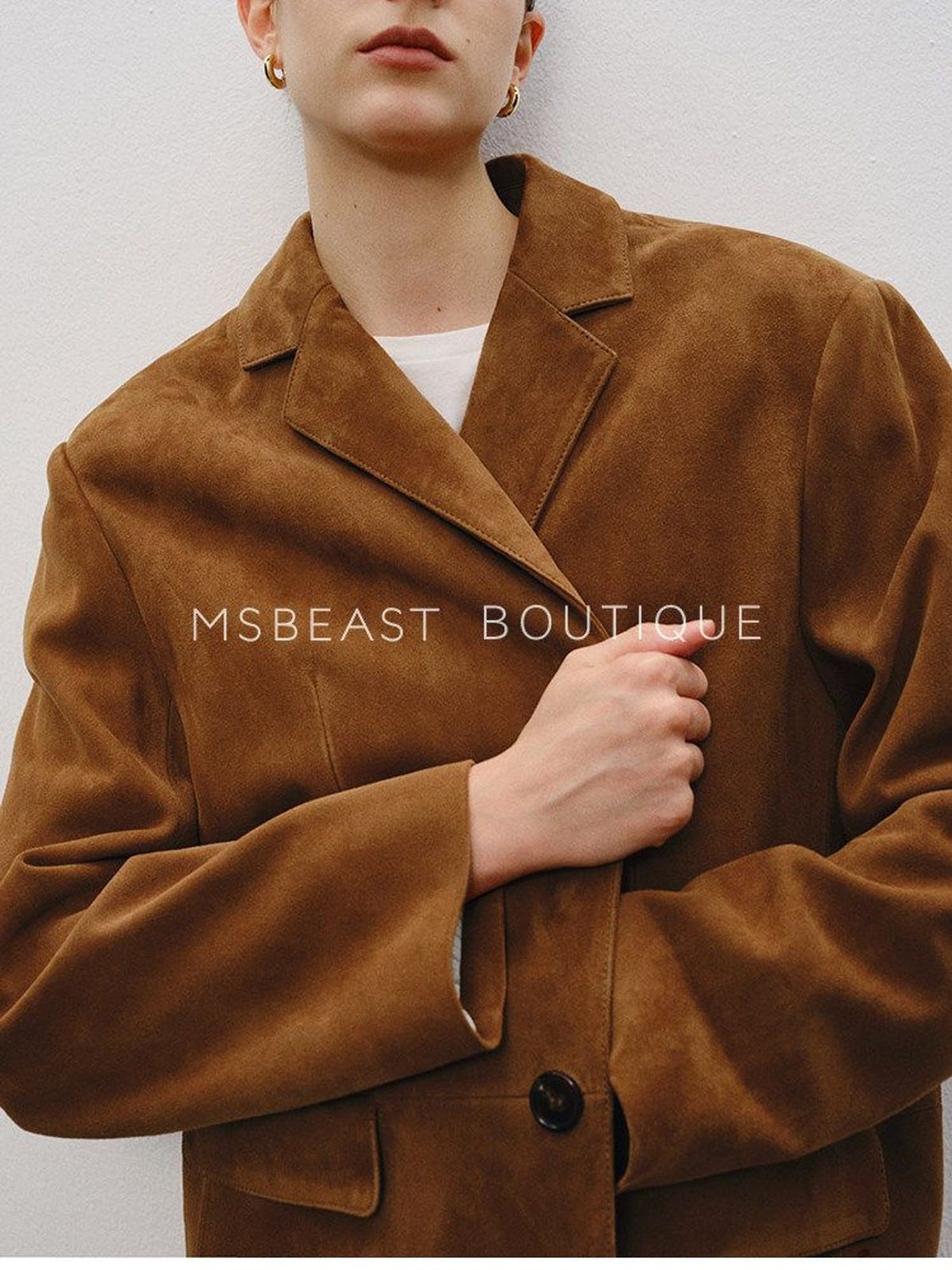 MSBEAST Oversized Sheepskin Suede Blazer in Dark Brown - On Female Model