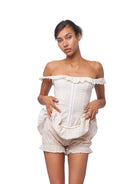 SweetChilling Cotton Eyelet Off Shoulder Mini Dress in White - On Female Model