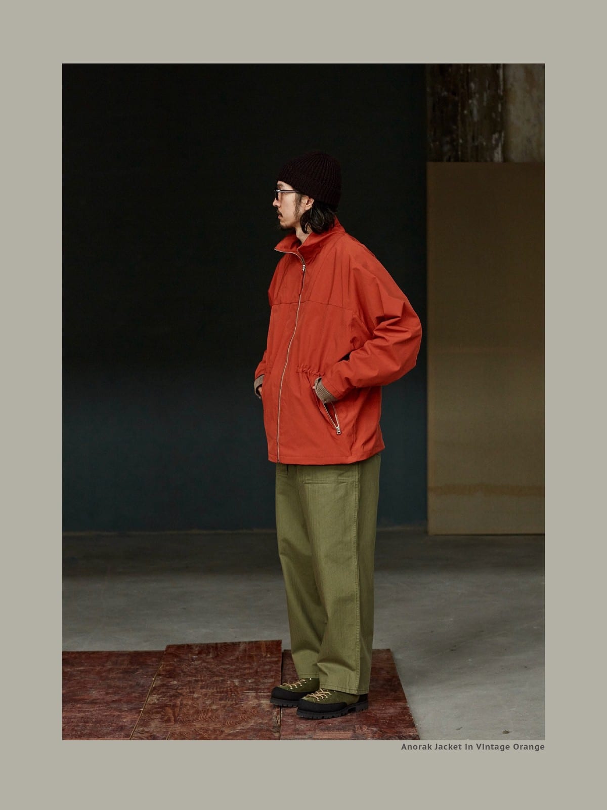 USAGE Drawstring Zip Front Tech Anorak in Orange - On Male Model