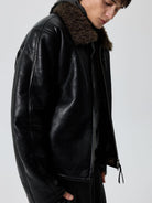 SIMPLE PROJECT Faux Leather Shearling Collar Jacket in Black - On Male Model
