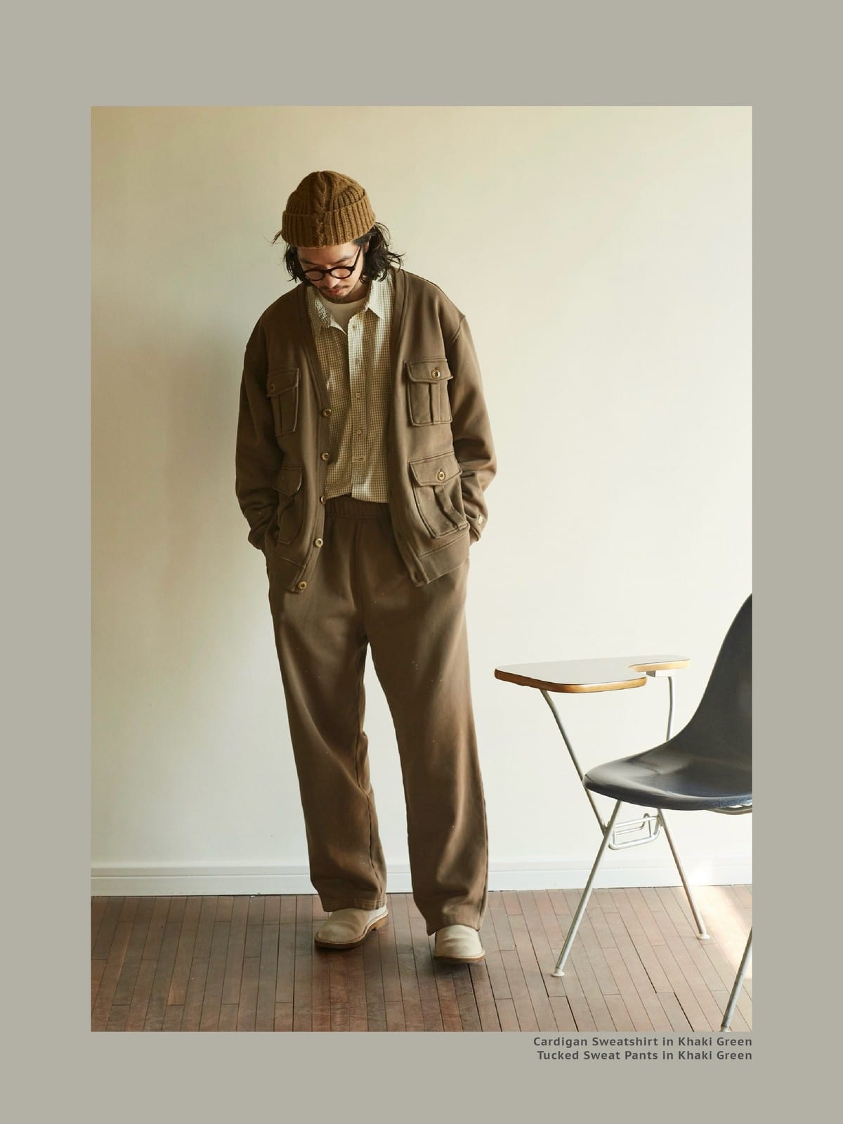 USAGE Cotton Safari Pocket Cardigan Sweatshirt in Beige - On Male Model