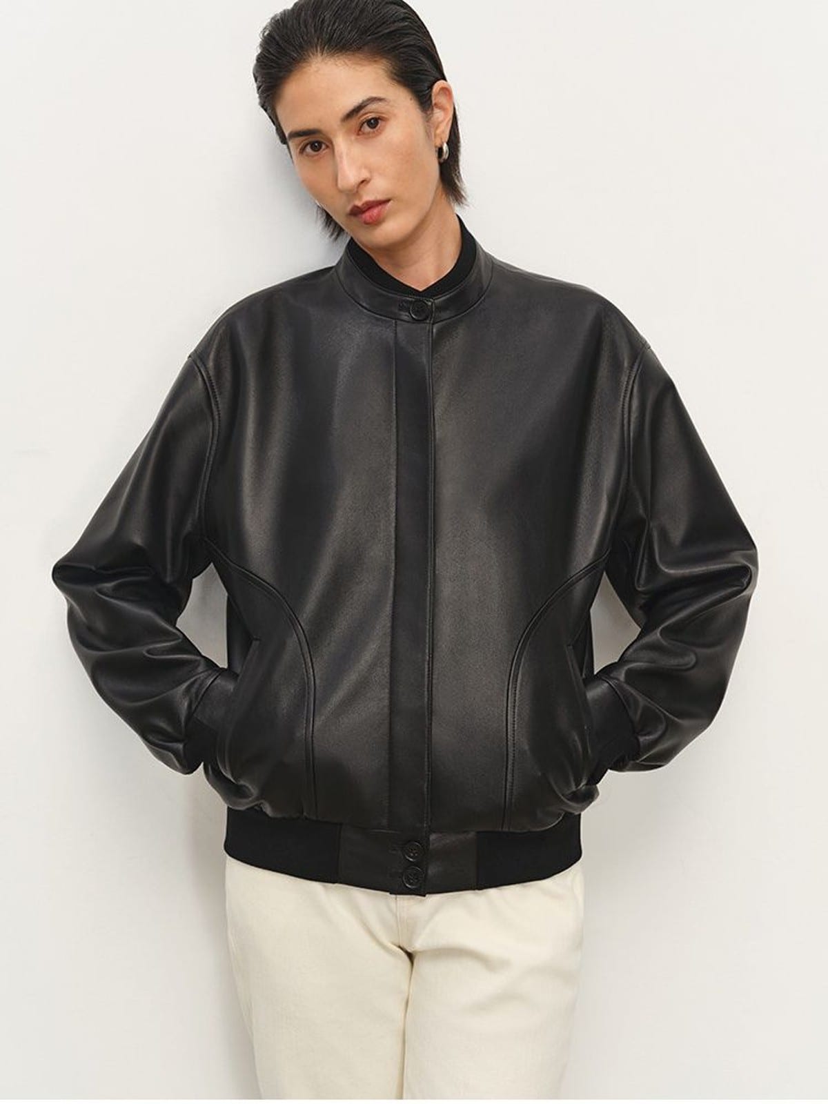 MSBEAST Sheepskin Leather Bomber Jacket in Black - On Female Model