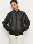 MSBEAST Sheepskin Leather Bomber Jacket in Black - On Female Model
