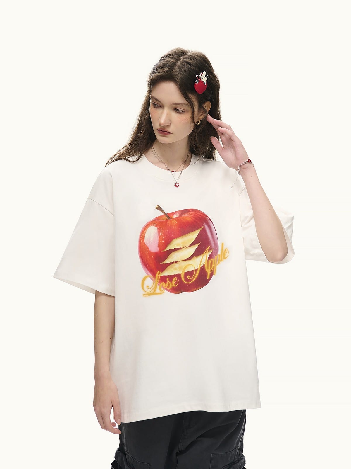 LOSTCTRL Apple Graphic Print T Shirt in White - On Female Model