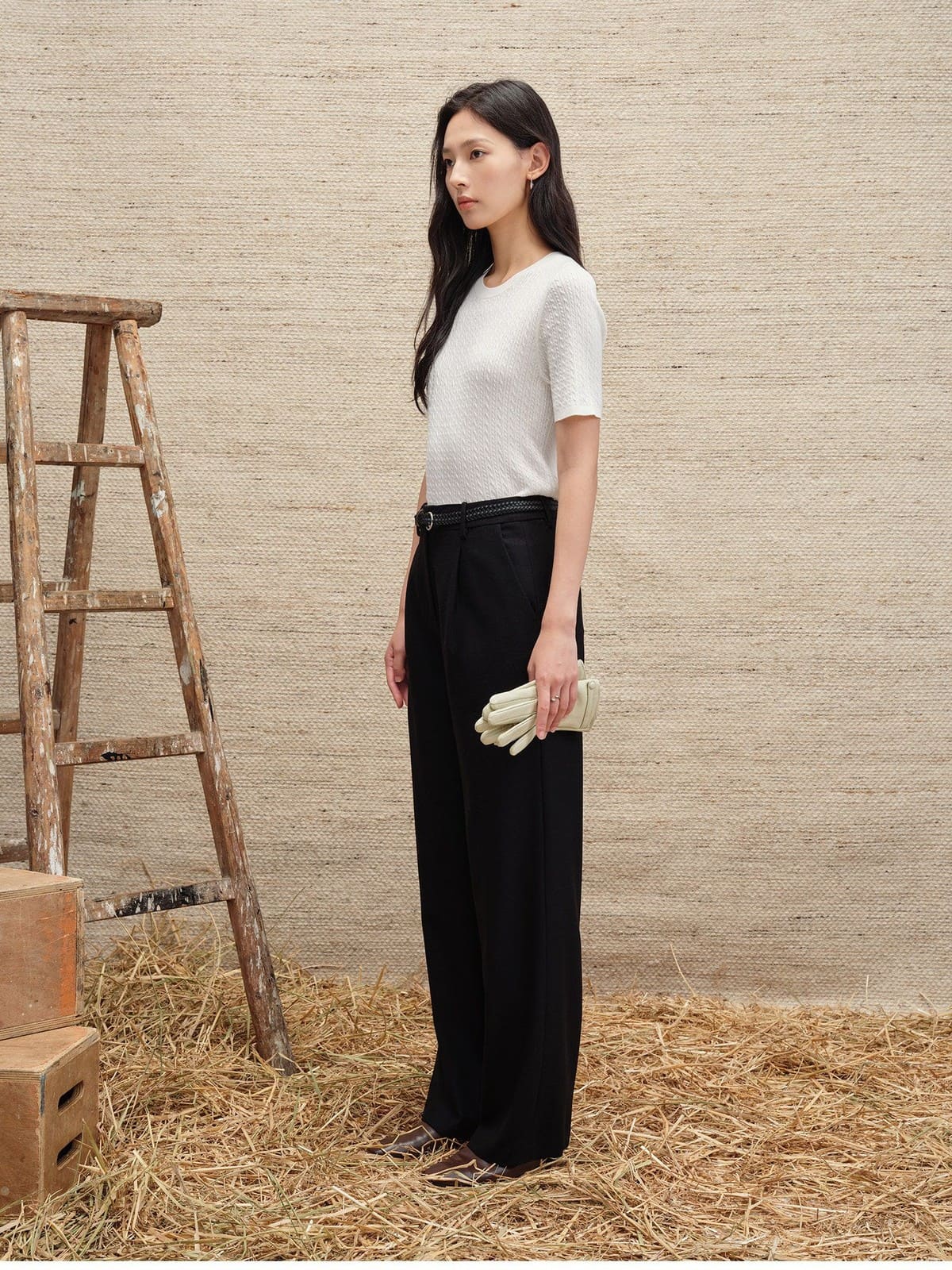 TEASEL Wool Cable Knit Short Sleeve Sweater in White - On Female Model