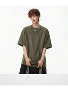 MASONPRINCE Faux Suede Embroidered T Shirt in Olive - On Male Model