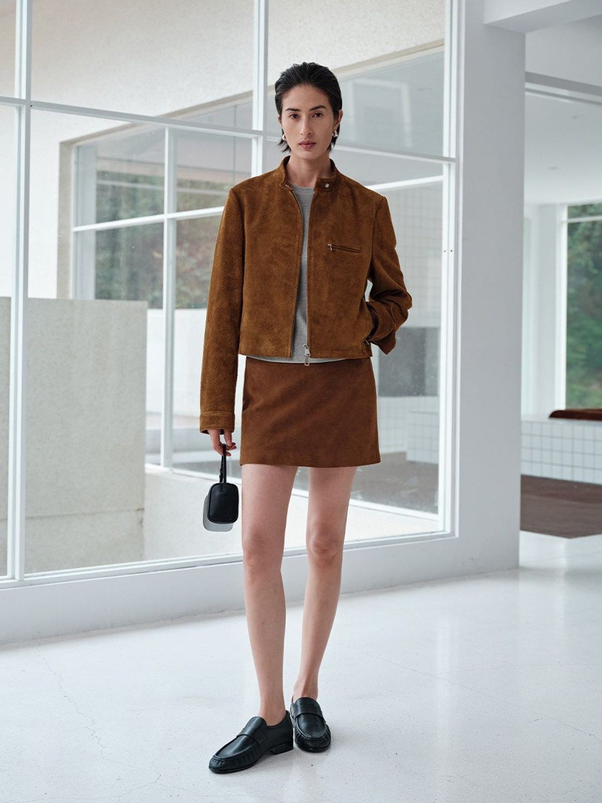 MSBEAST Suede Leather Cropped Moto Jacket in Brown - On Female Model