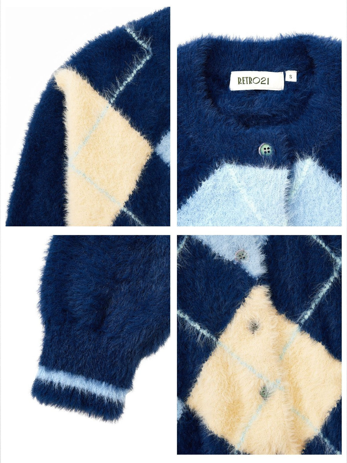Retro 21 Faux Mink Argyle Cardigan in Blue - Detail