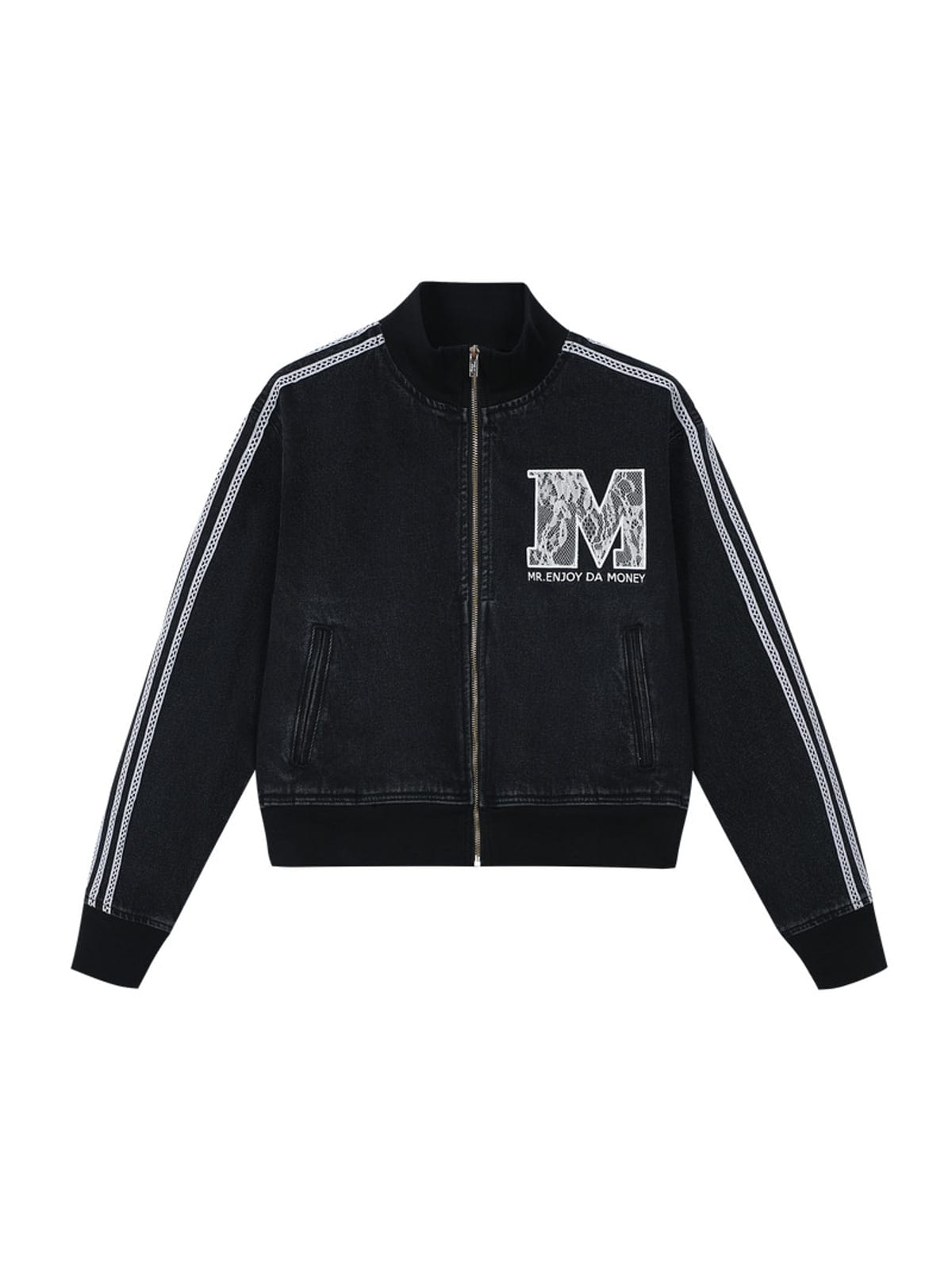 MEDM Lace Trim Stand Collar Denim Jacket in Black