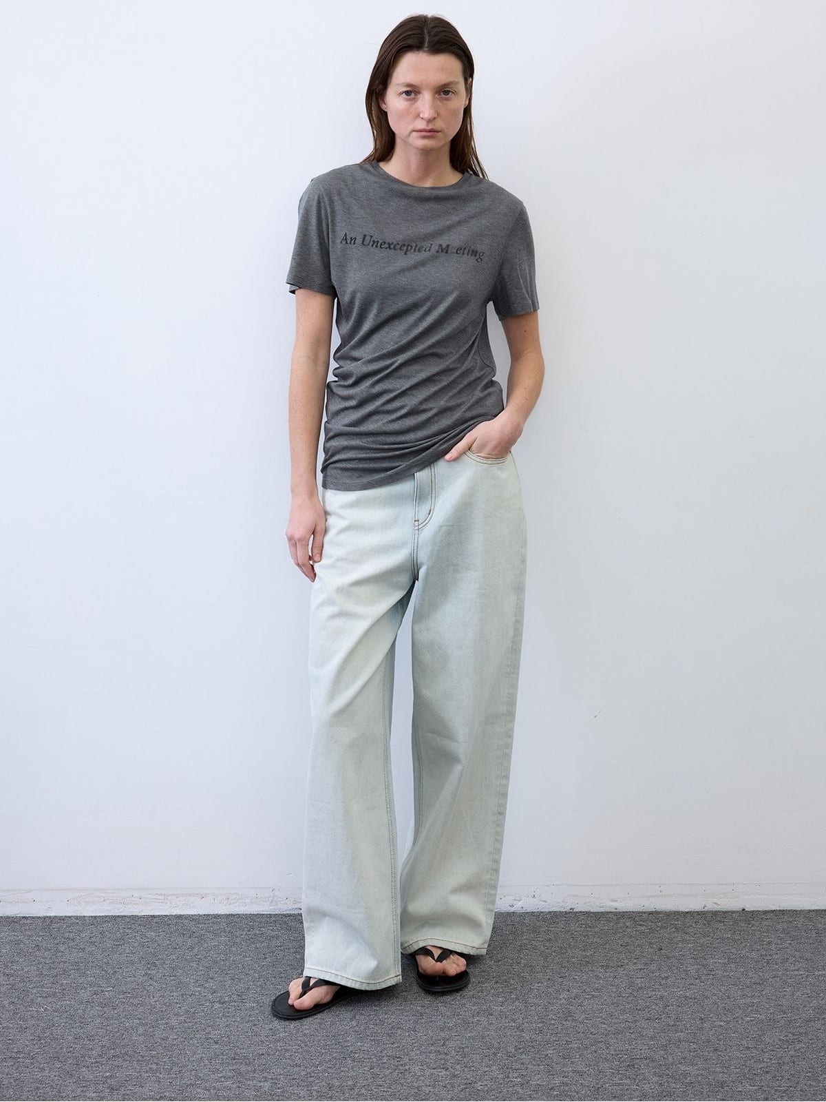 Random Piece Lyocell Blend Letter Print T Shirt in Gray - On Female Model