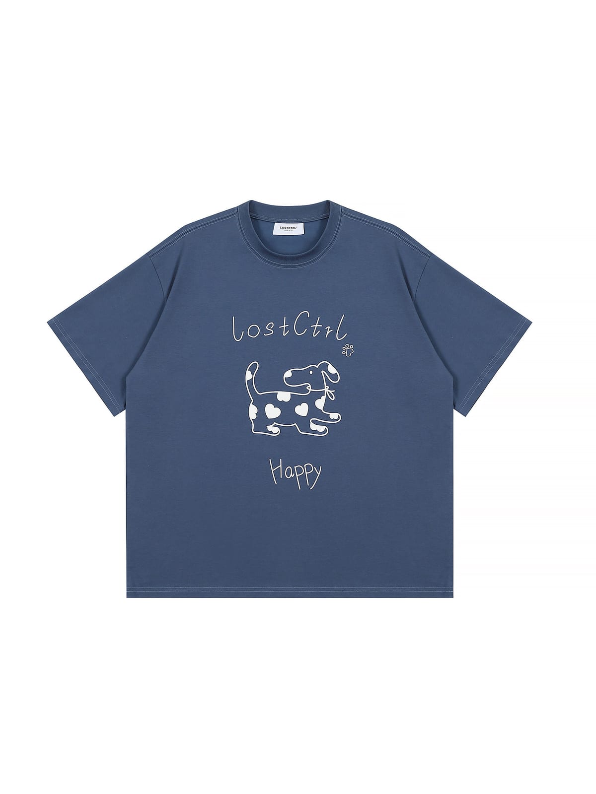 LOSTCTRL Spotted Dog Graphic Crewneck T Shirt in Blue