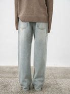 Random Piece Washed Cotton Twill Straight Jeans in Light Blue - On Model