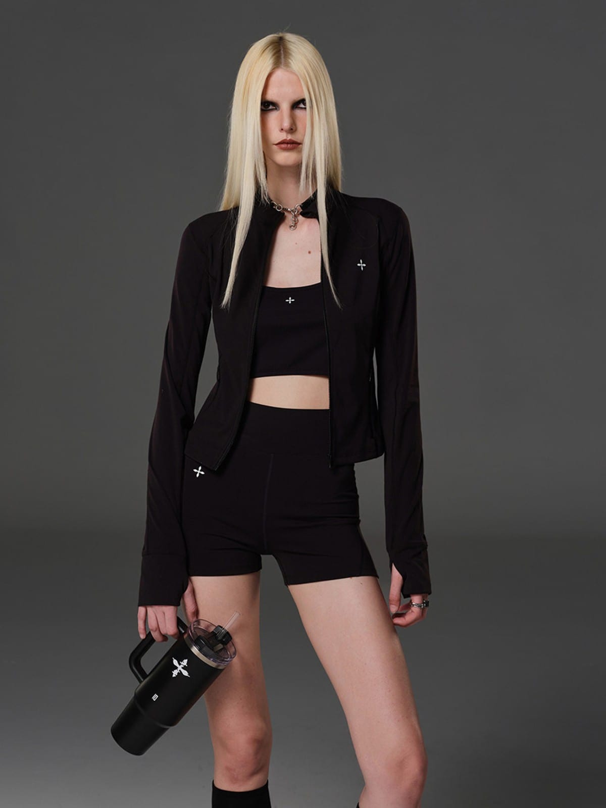 SMFK Lightweight Zip Up Fitness Jacket in Black - On Female Model