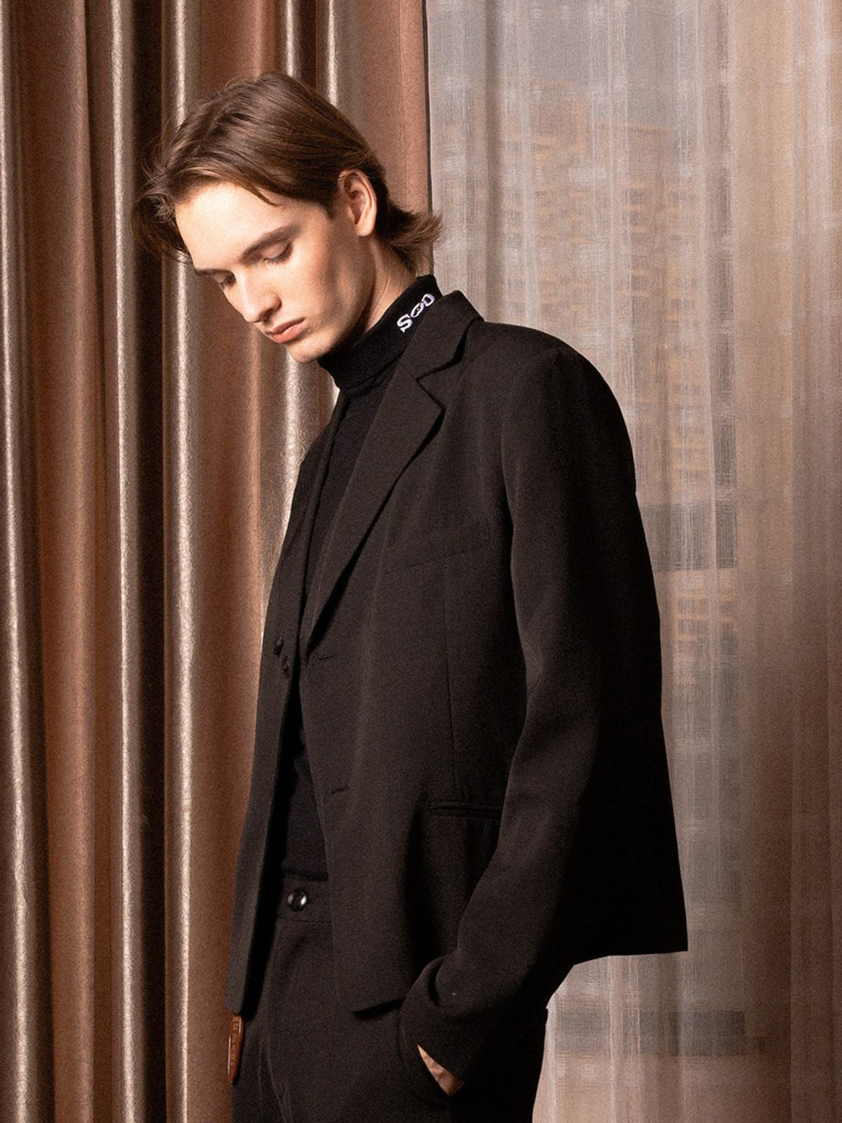 SOD Deconstructed Asymmetric Wool Blazer in Black - On Male Model