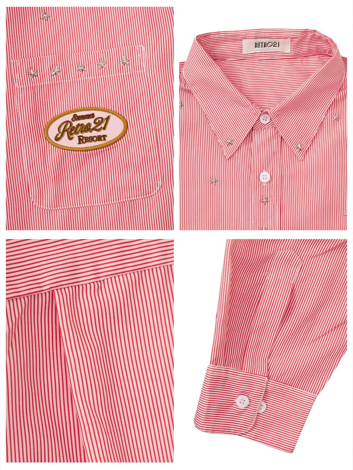 Retro 21 Star Studded Striped Cropped Shirt in Pink - Detail