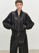 MSBEAST Double Zip Cropped Sheepskin Leather Jacket in Black - On Female Model